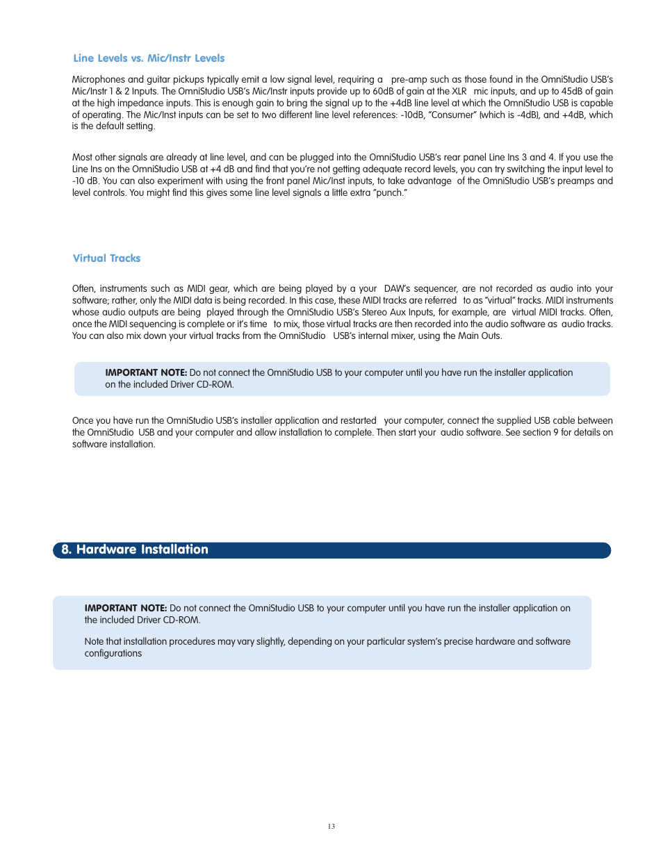 Line levels vs. mic/instr levels, Virtual tracks, Hardware installation | M-AUDIO OmniStudio USB User Manual | Page 14 / 45