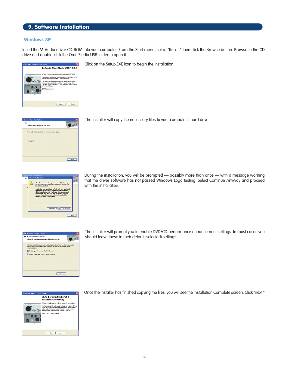 Software installation, Windows xp | M-AUDIO OmniStudio USB User Manual | Page 15 / 45