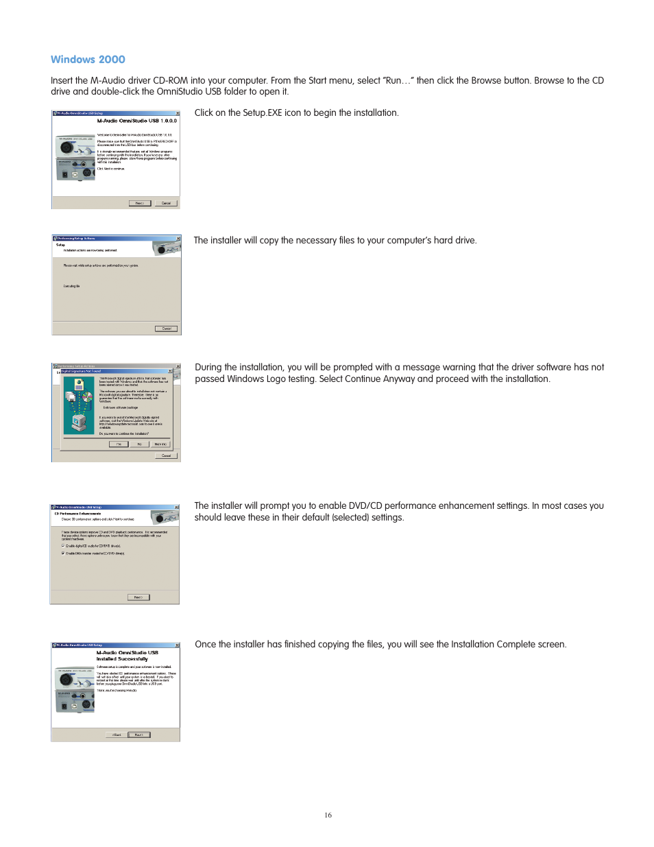Windows 2000, Windows xp, Windows me | Windows 98se | M-AUDIO OmniStudio USB User Manual | Page 17 / 45