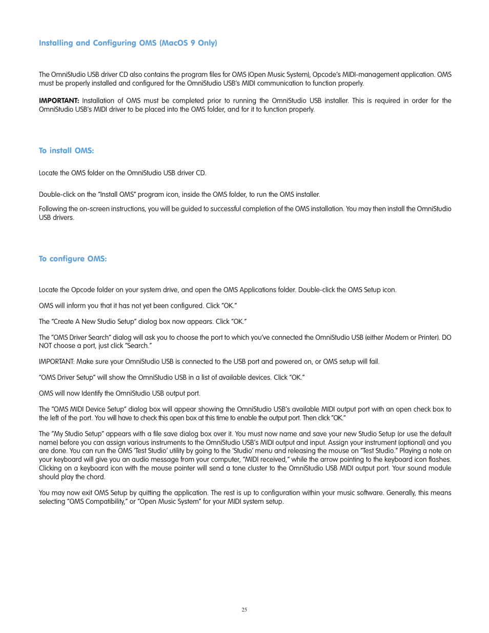 Installing and configuring o, To install oms, To configure oms | Installing and configuring oms (macos 9 only) | M-AUDIO OmniStudio USB User Manual | Page 26 / 45