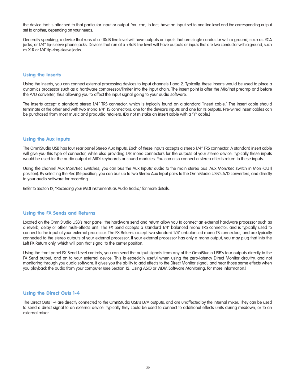 Using the inserts, Using the aux inputs, Using the fx sends and returns | Using the direct outs 1-4 | M-AUDIO OmniStudio USB User Manual | Page 31 / 45