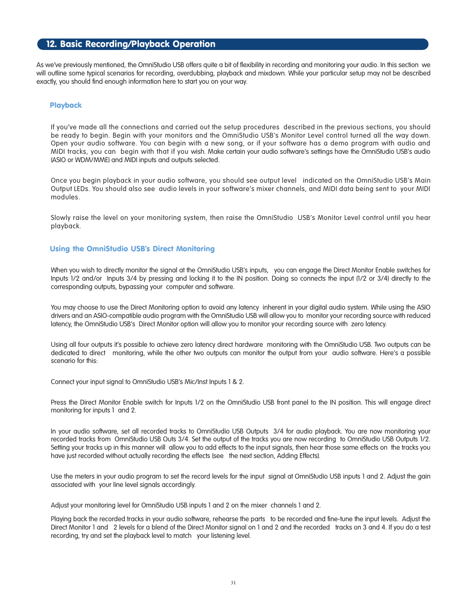 Basic recording/playback, Playback, Using the omnistudio usbõs | Basic recording/playback operation, Using the omnistudio usb’s direct monitoring | M-AUDIO OmniStudio USB User Manual | Page 32 / 45