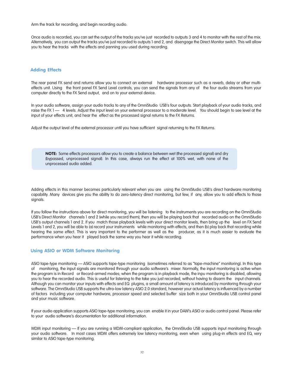 Adding effects, Using asio or wdm software, Using asio or wdm software monitoring | M-AUDIO OmniStudio USB User Manual | Page 33 / 45