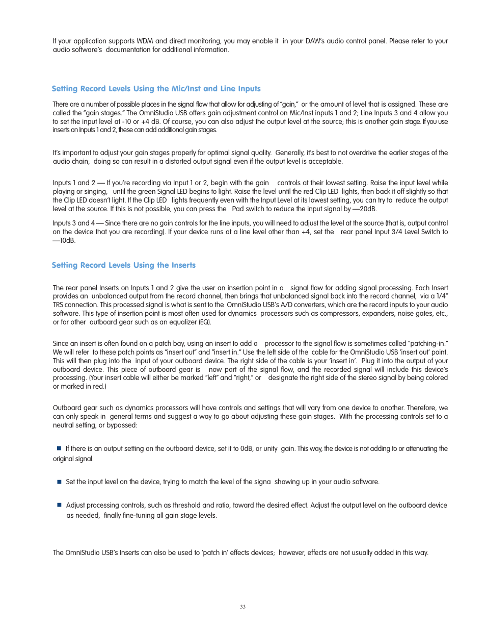 Setting record levels using, Setting record levels using the inserts | M-AUDIO OmniStudio USB User Manual | Page 34 / 45