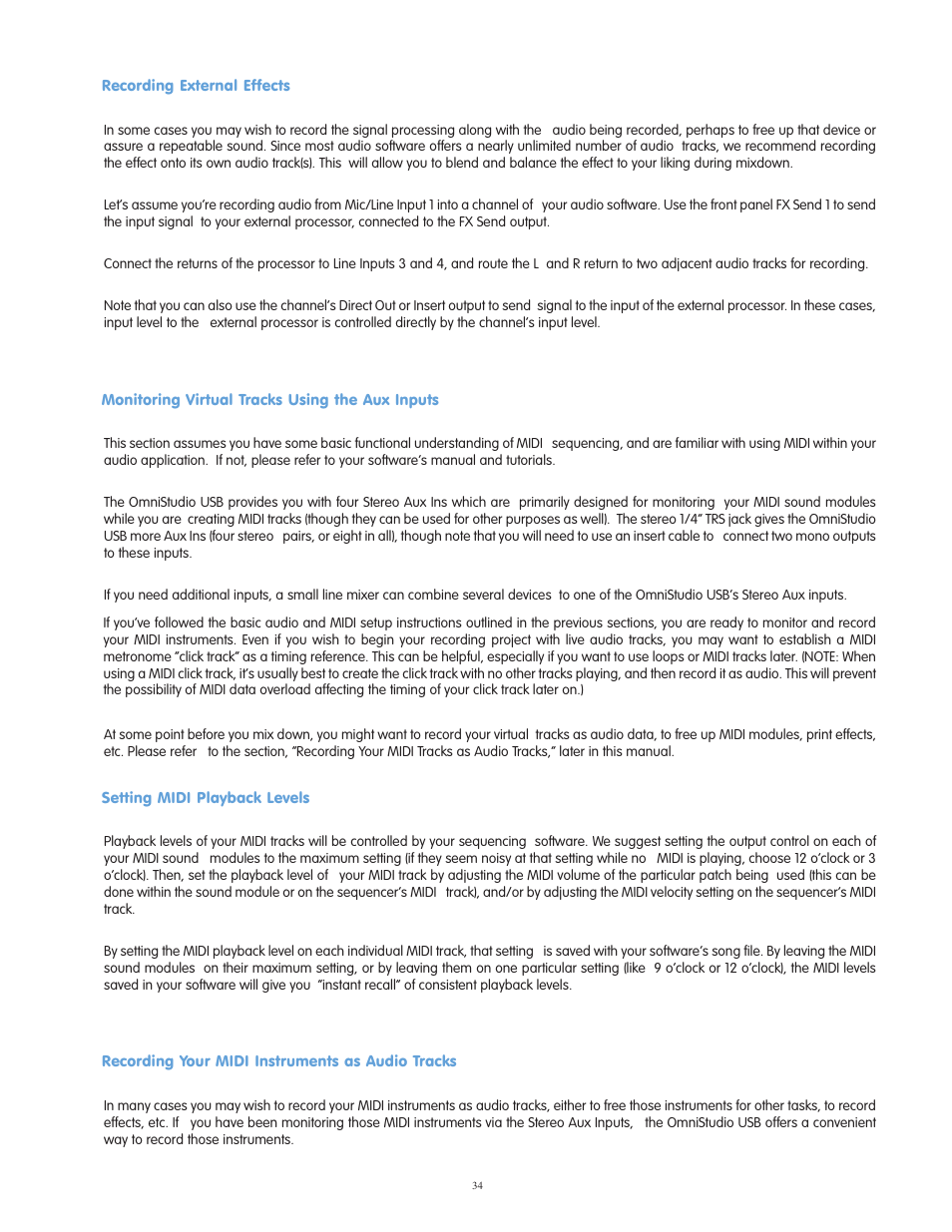 Recording external effects, Monitoring virtual tracks u, Setting midi playback levels | Monitoring virtual tracks using the aux inputs | M-AUDIO OmniStudio USB User Manual | Page 35 / 45