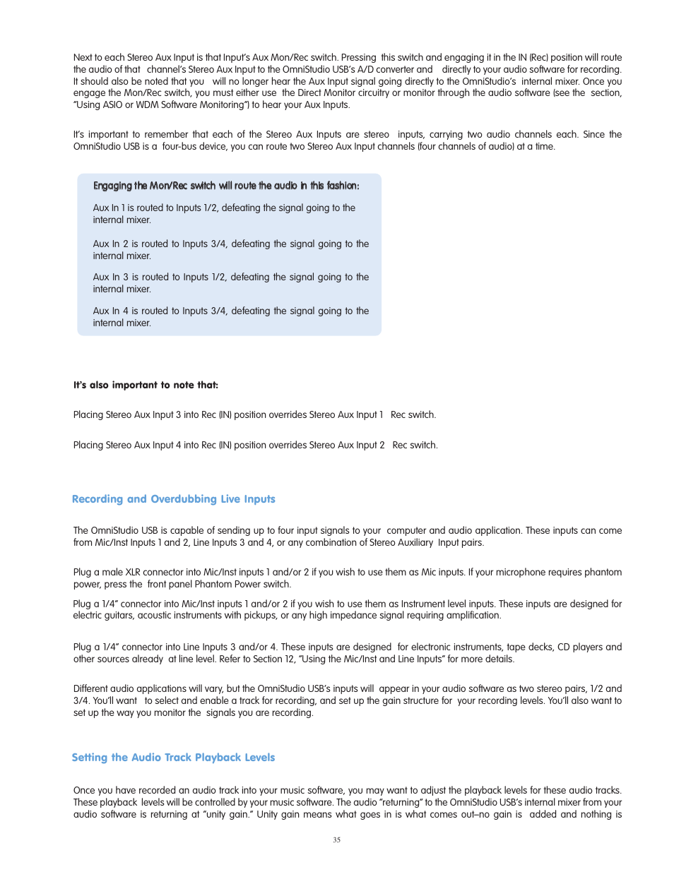 Recording your midi instrum, Recording and overdubbing li, Setting the audio track playback levels | Recording your midi instruments as audio tracks, Recording and overdubbing live inputs | M-AUDIO OmniStudio USB User Manual | Page 36 / 45