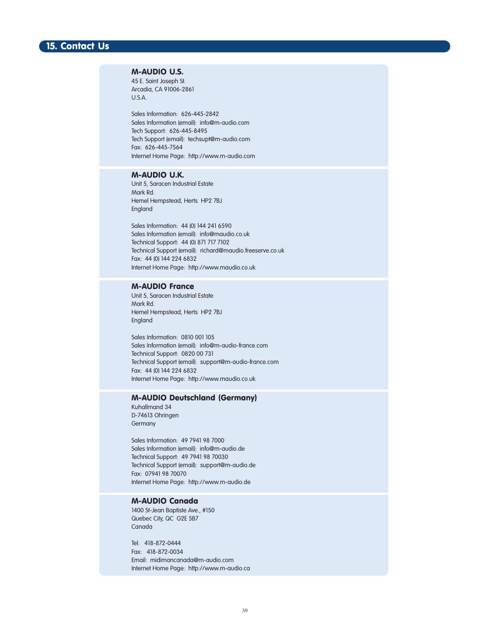 Contact us | M-AUDIO OmniStudio USB User Manual | Page 40 / 45