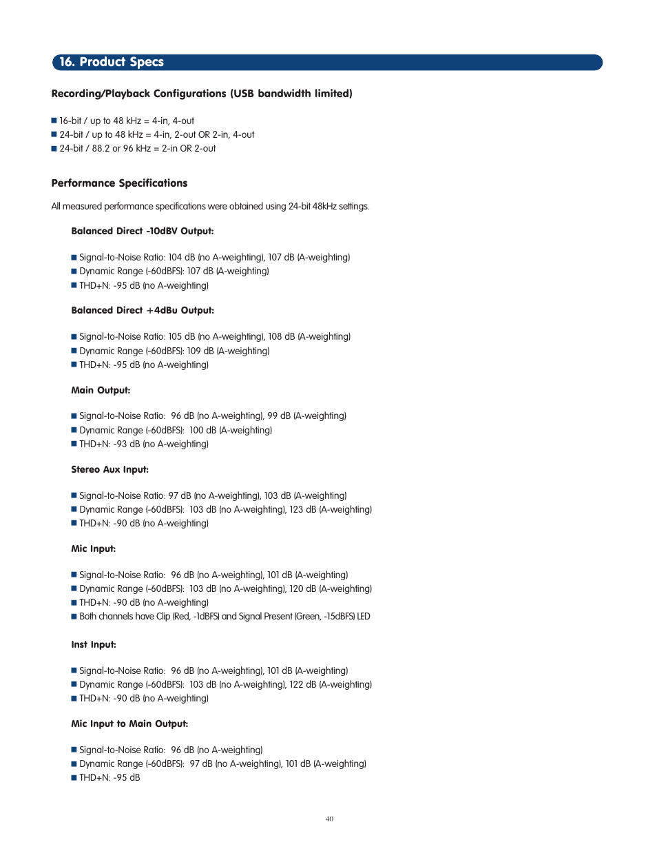 Product specs, Performance specifications | M-AUDIO OmniStudio USB User Manual | Page 41 / 45