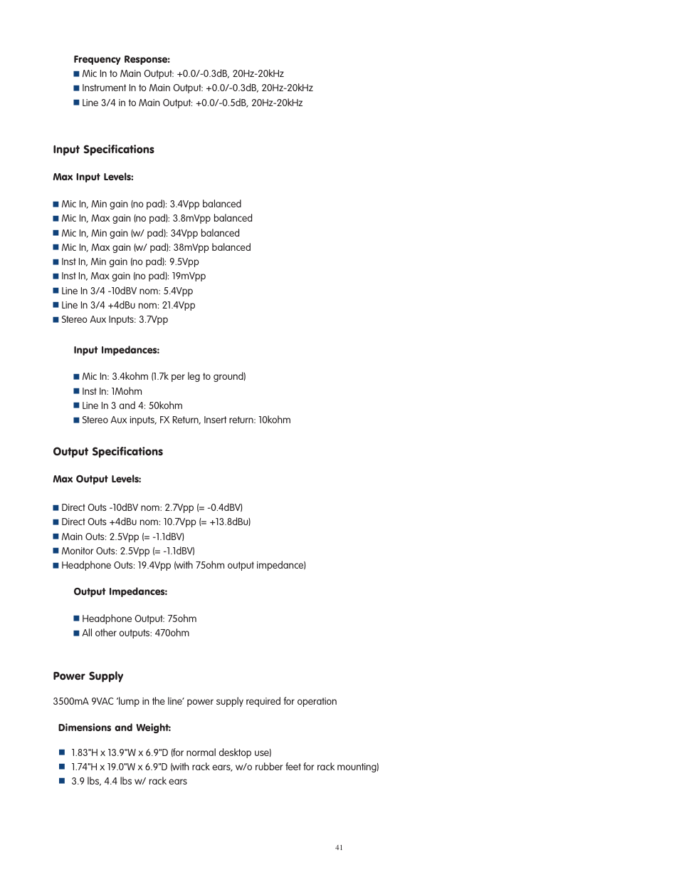 Input specifications, Output specifications, Power supply | M-AUDIO OmniStudio USB User Manual | Page 42 / 45