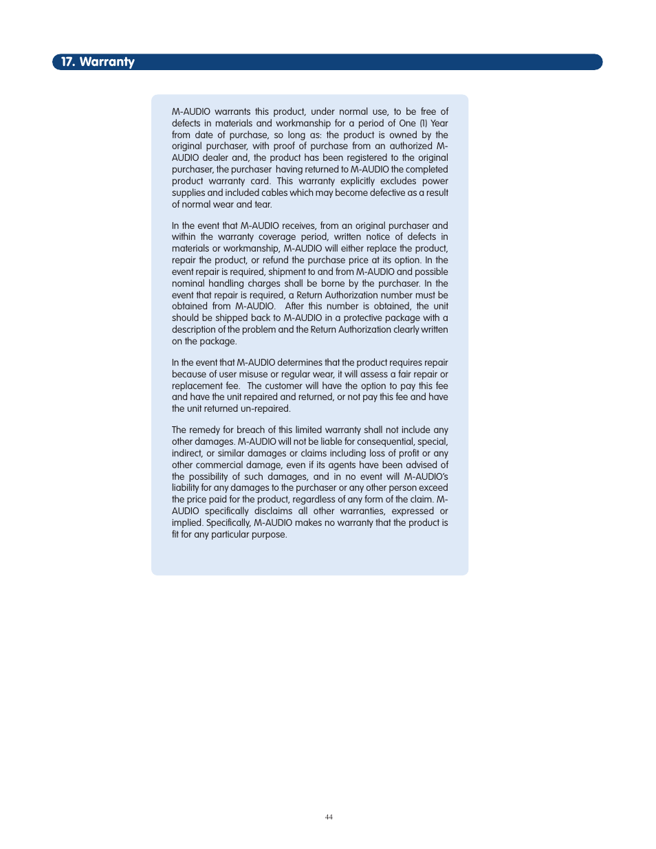 Warranty | M-AUDIO OmniStudio USB User Manual | Page 45 / 45
