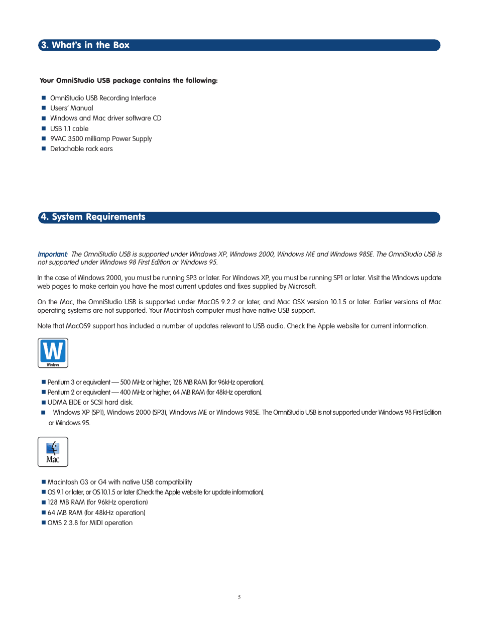 Whatõs in the box, System requirements, What’s in the box | System requirements 3. what’s in the box | M-AUDIO OmniStudio USB User Manual | Page 6 / 45