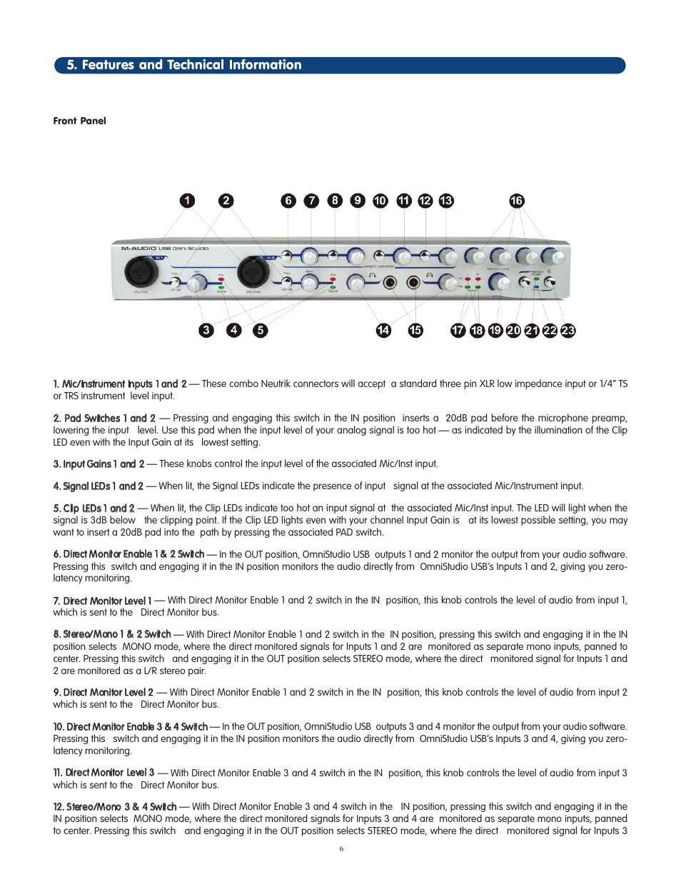 Features and technical in, Features and technical information | M-AUDIO OmniStudio USB User Manual | Page 7 / 45