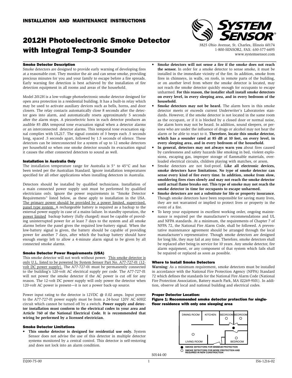 System Sensor 2012H Photoelectronic User Manual | 4 pages