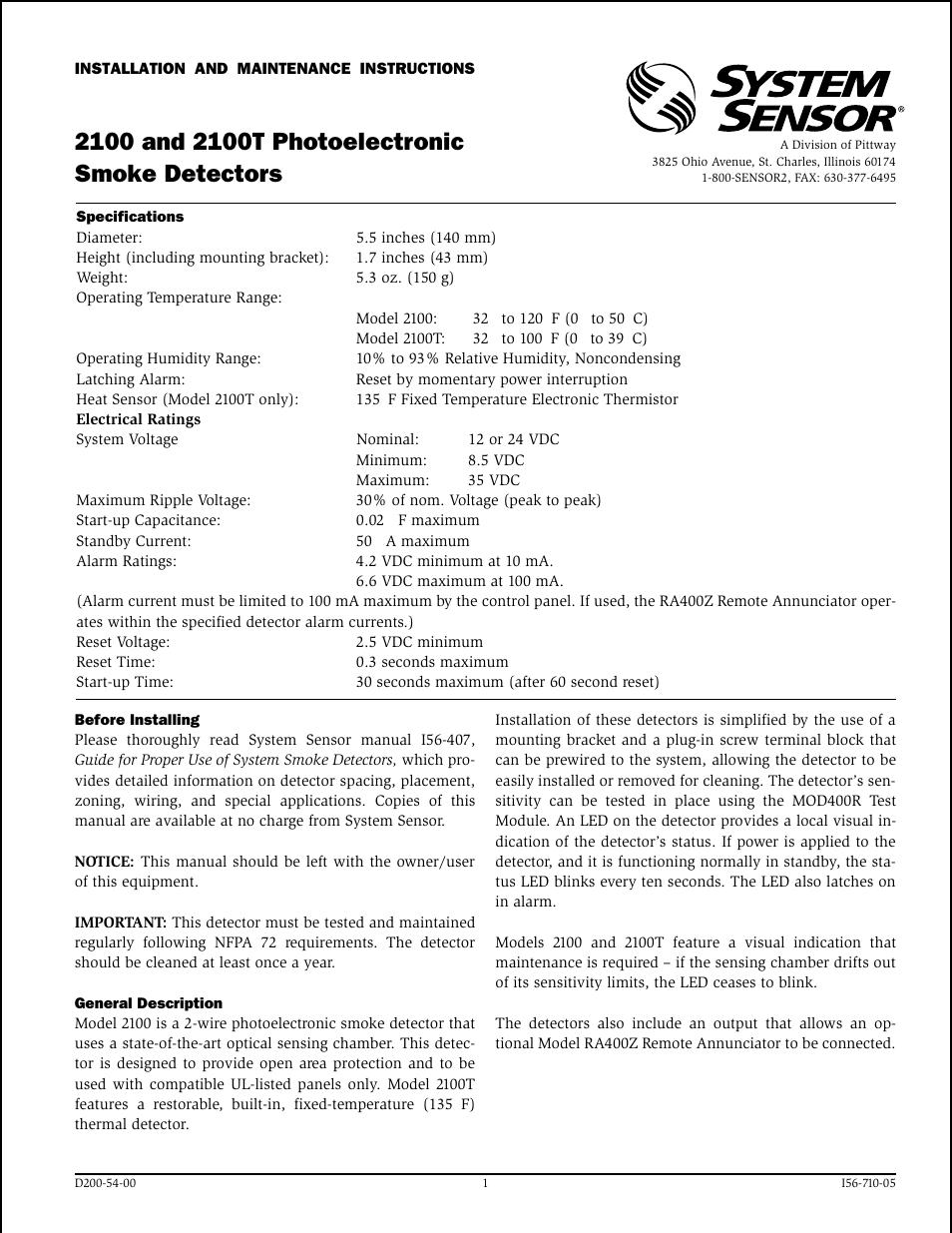 System Sensor 2100 and 2100T Photoelectronic User Manual | 4 pages