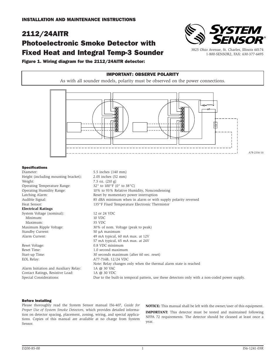 System Sensor 2112_24AITR Photoelectronic User Manual | 4 pages