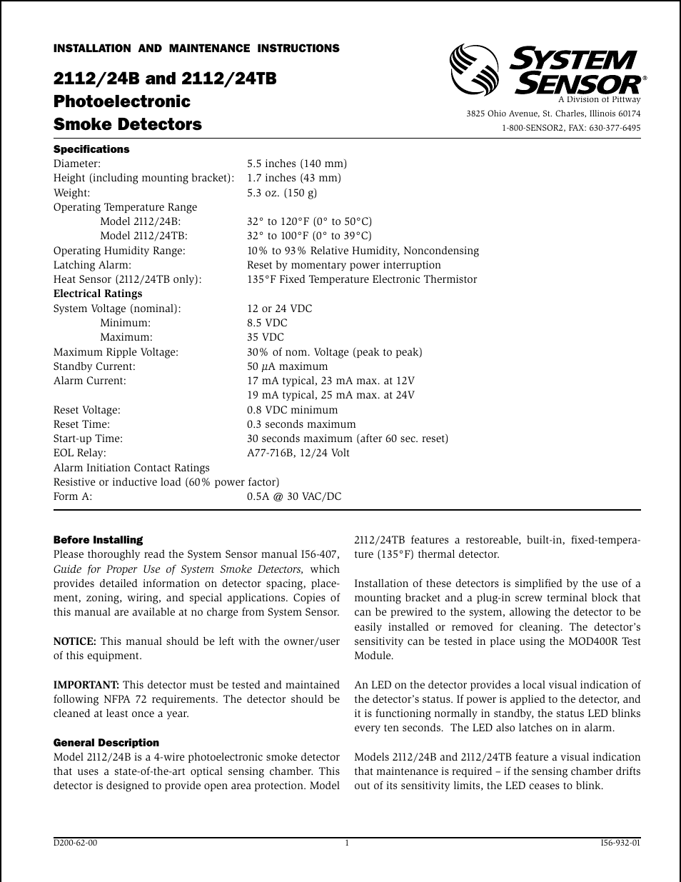 System Sensor 2112_24B and 2112_24TB Photoelectronic User Manual | 4 pages