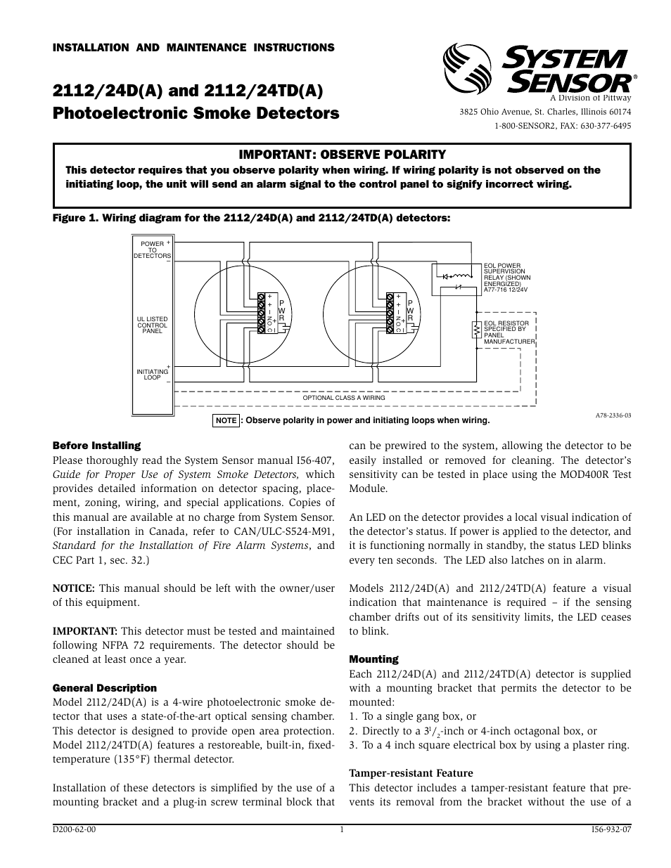 System Sensor 2112_24D and 2112_24TD Photoelectronic User Manual | 4 pages
