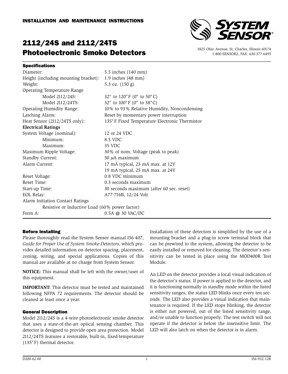 System Sensor 2112_24S and 2112_24TS Photoelectric User Manual | 4 pages