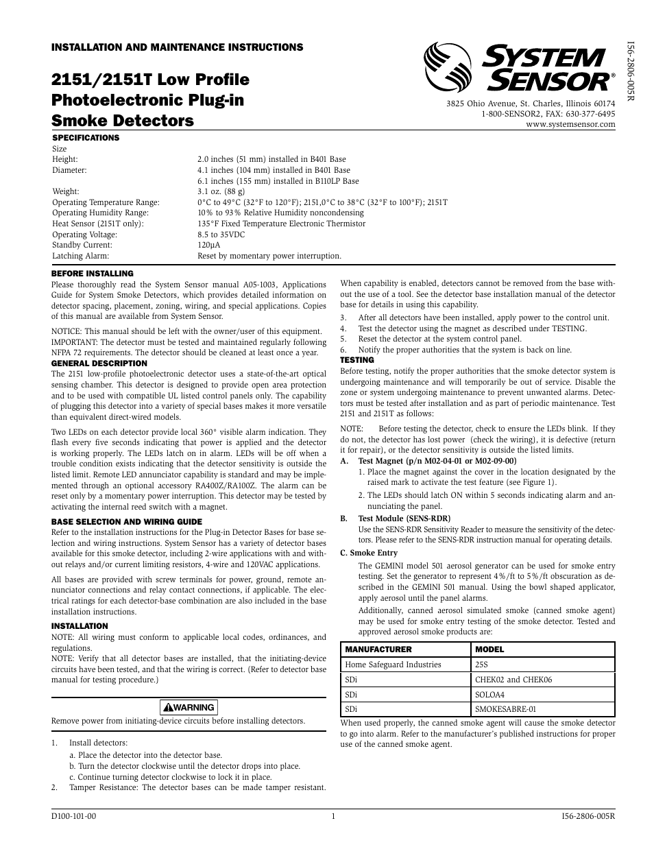 System Sensor 2151 and 2151T Low Profile Photoelectric Plug-in User Manual | 2 pages