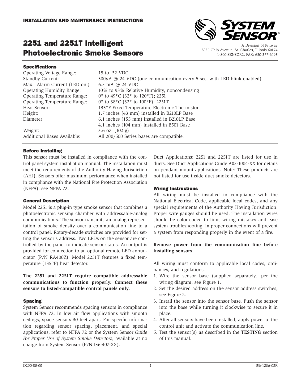 System Sensor 2251 and 2251T Intelligent Photoelectric User Manual | 4 pages