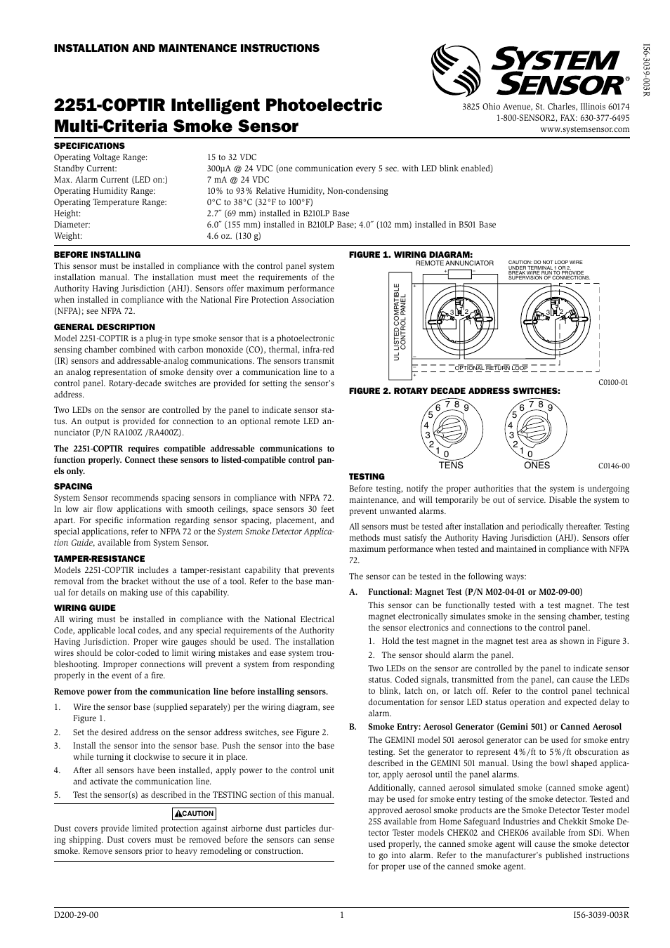 System Sensor 2251-COPTIR Intelligent Photoelectric User Manual | 2 pages