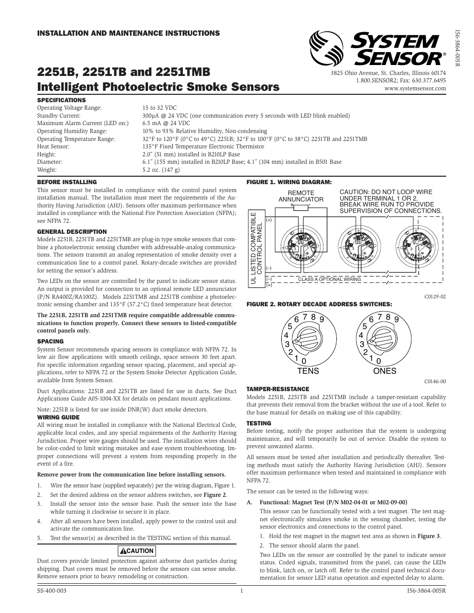 System Sensor 2251B, 2251TB, and 2251TMB Intelligent Photoelectric User Manual | 2 pages