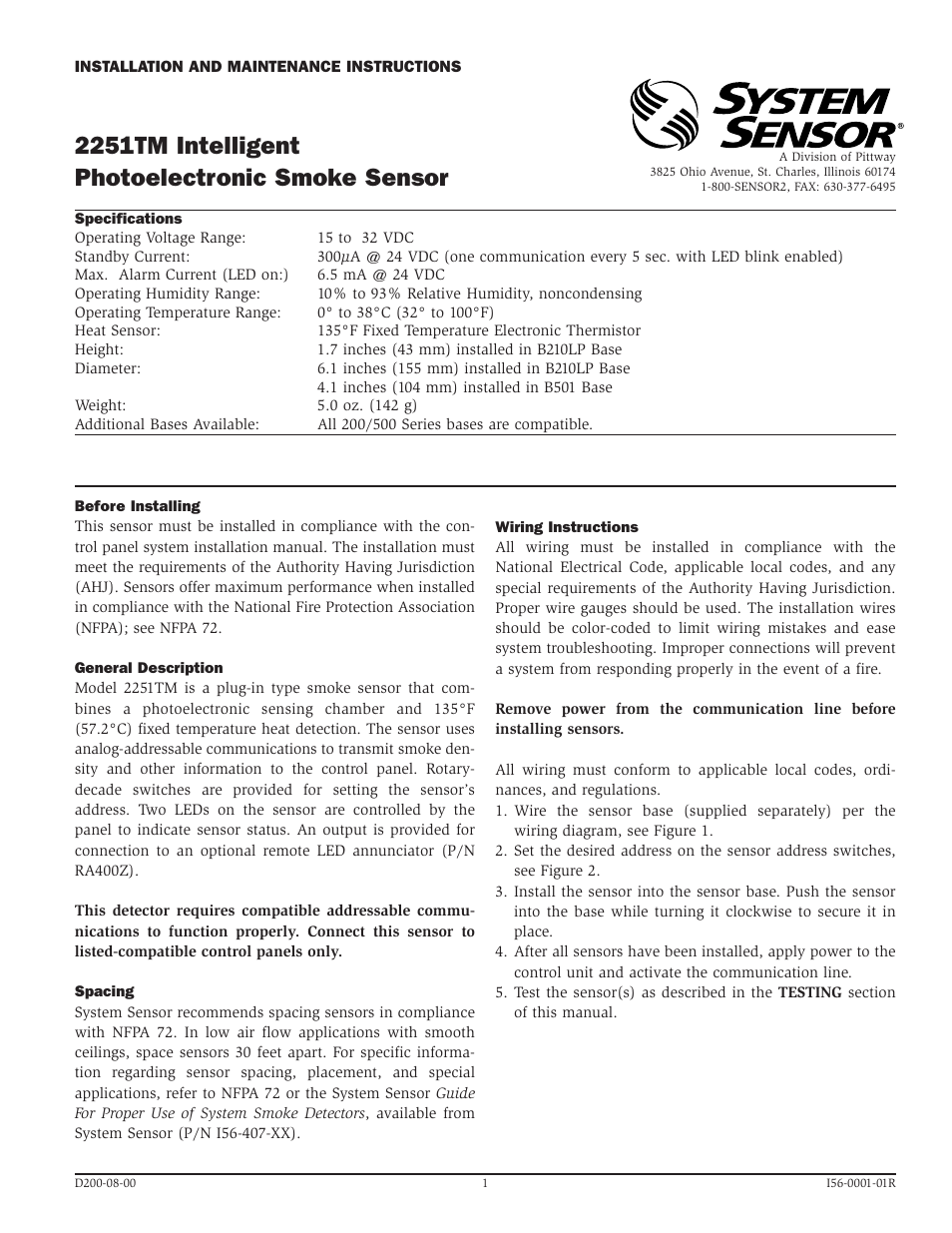 System Sensor 2251TM Intelligent User Manual | 4 pages
