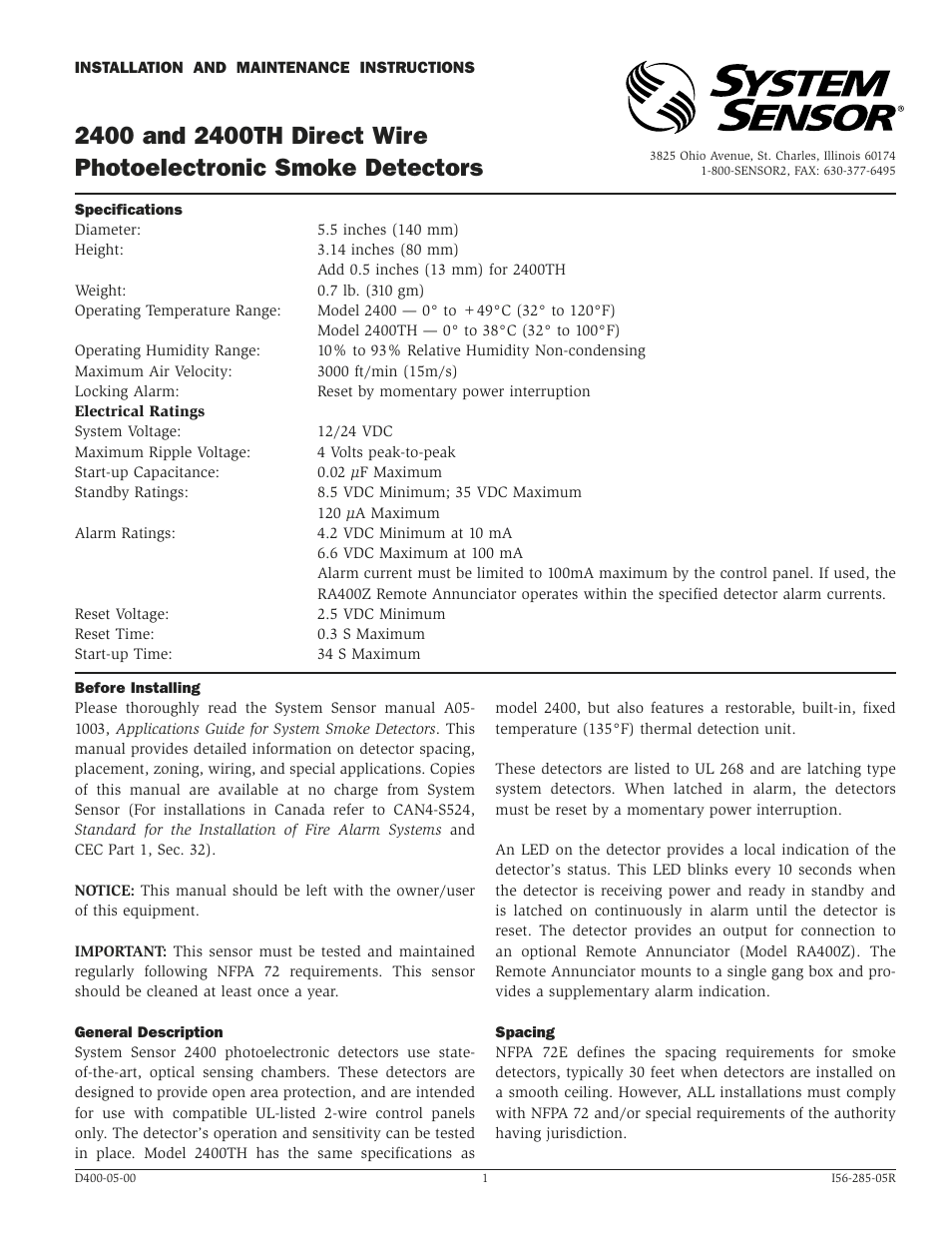 System Sensor 2400 and 2400TH Direct Wire User Manual | 4 pages