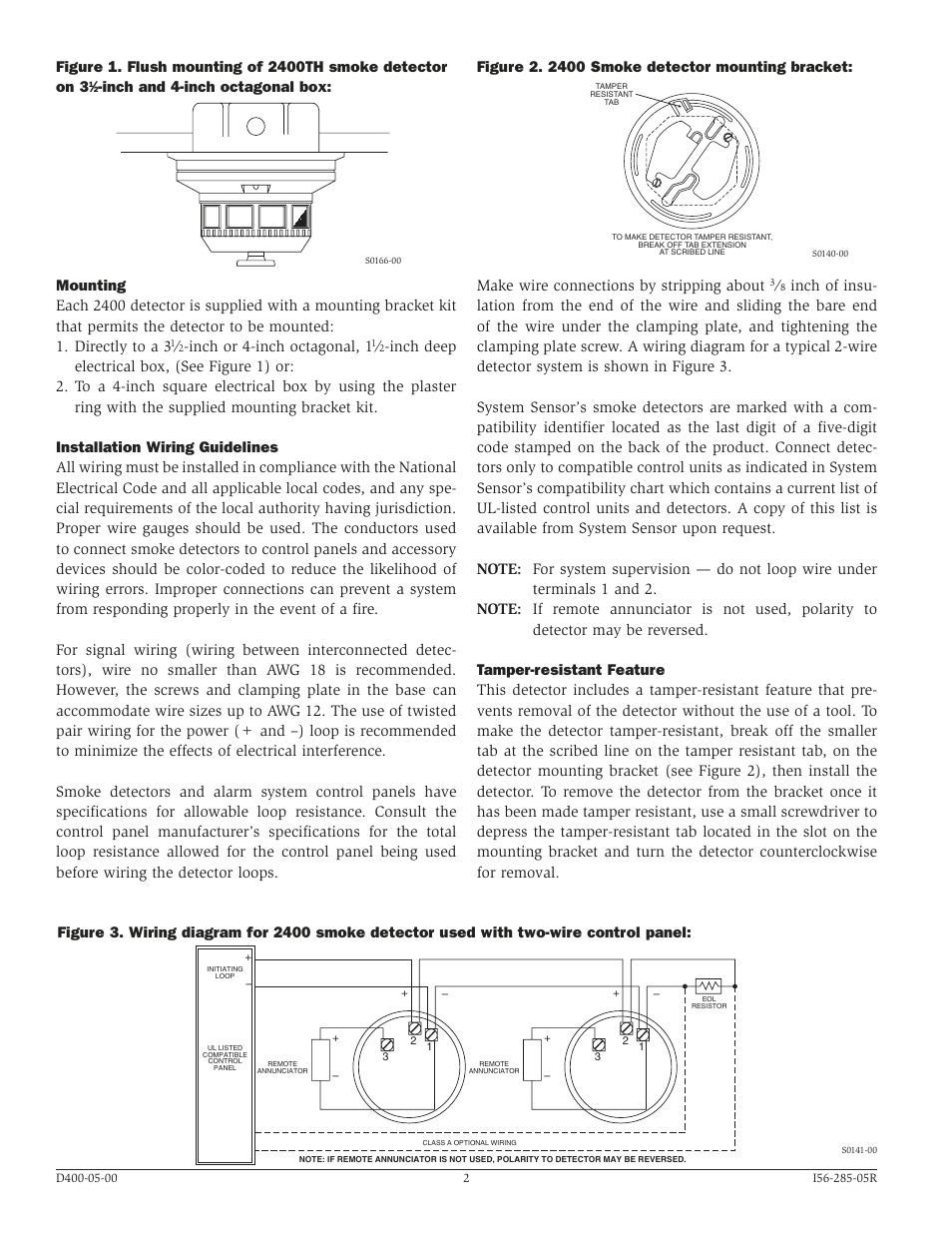 Inch or 4-inch octagonal, 1, Inch and 4-inch octagonal box, Make wire connections by stripping about | System Sensor 2400 and 2400TH Direct Wire User Manual | Page 2 / 4