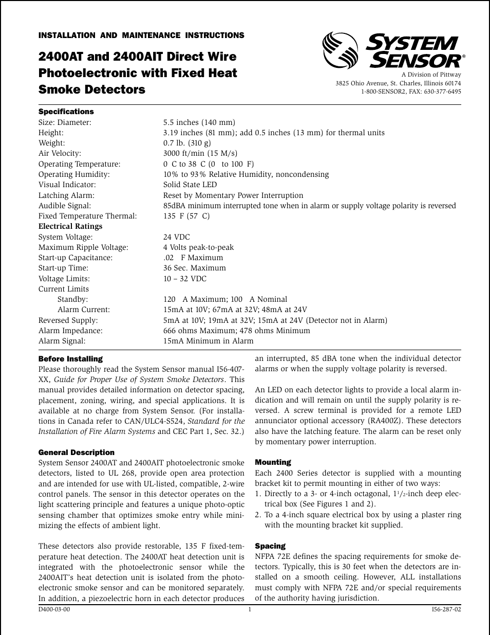 System Sensor 2400AT and 2400AIT Direct Wire User Manual | 4 pages