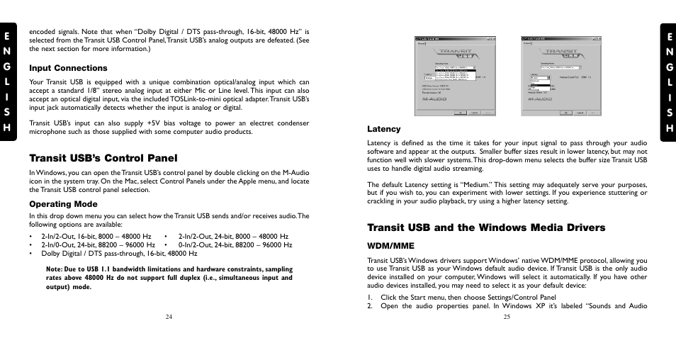 Input connections, Transit usb’s control panel, Operating mode | Latency, Transit usb and the windows media drivers | M-AUDIO Transit USB User Manual | Page 13 / 15