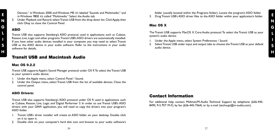 Transit usb and the windows, Wdm/mme, Asio | Transit usb and macintosh au, Mac os 9.2.2, Mac os x, Contact information, Transit usb and macintosh audio | M-AUDIO Transit USB User Manual | Page 14 / 15