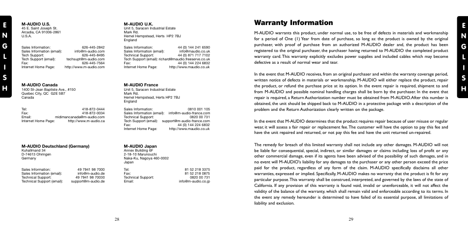 Contact information, Warranty information | M-AUDIO Transit USB User Manual | Page 15 / 15