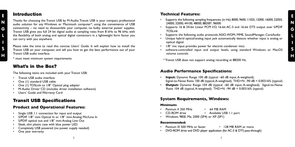 Introduction, What’s in the box, Transit usb specifications | M-AUDIO Transit USB User Manual | Page 2 / 15