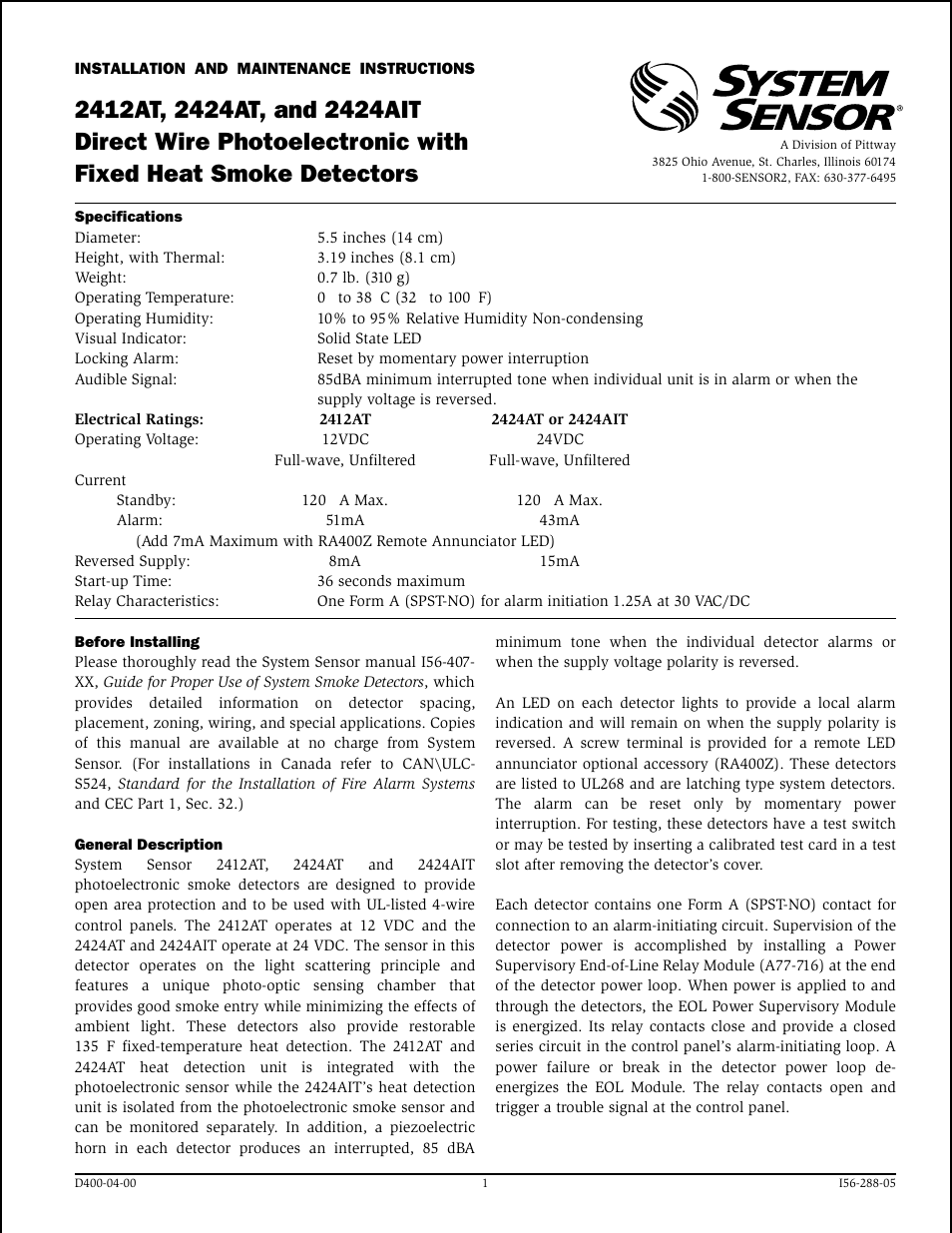 System Sensor 2412AT, 2424AT and 2424AIT Direct Wire User Manual | 4 pages