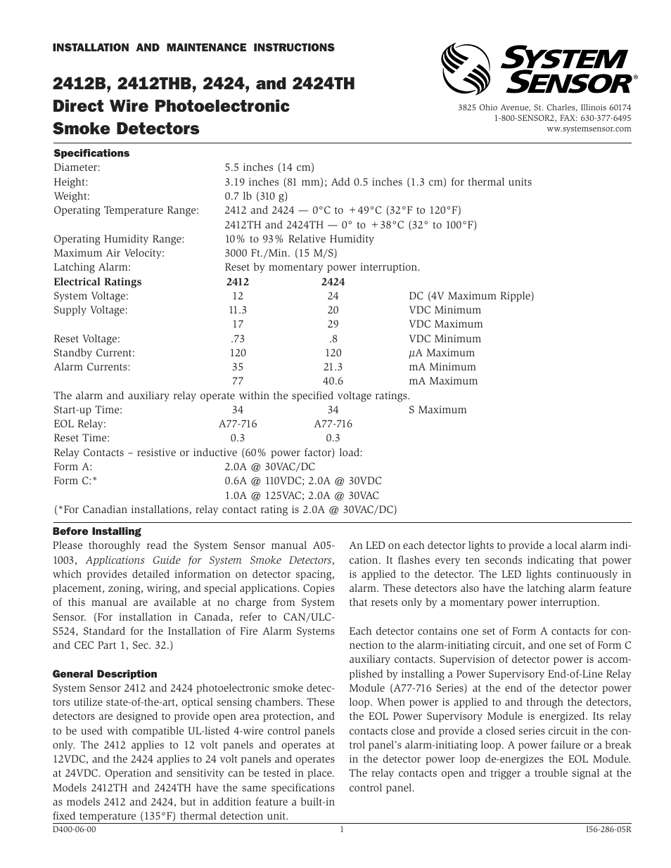 System Sensor 2412B, 2412THB, 2424, and 2424TH Direct Wire User Manual | 4 pages