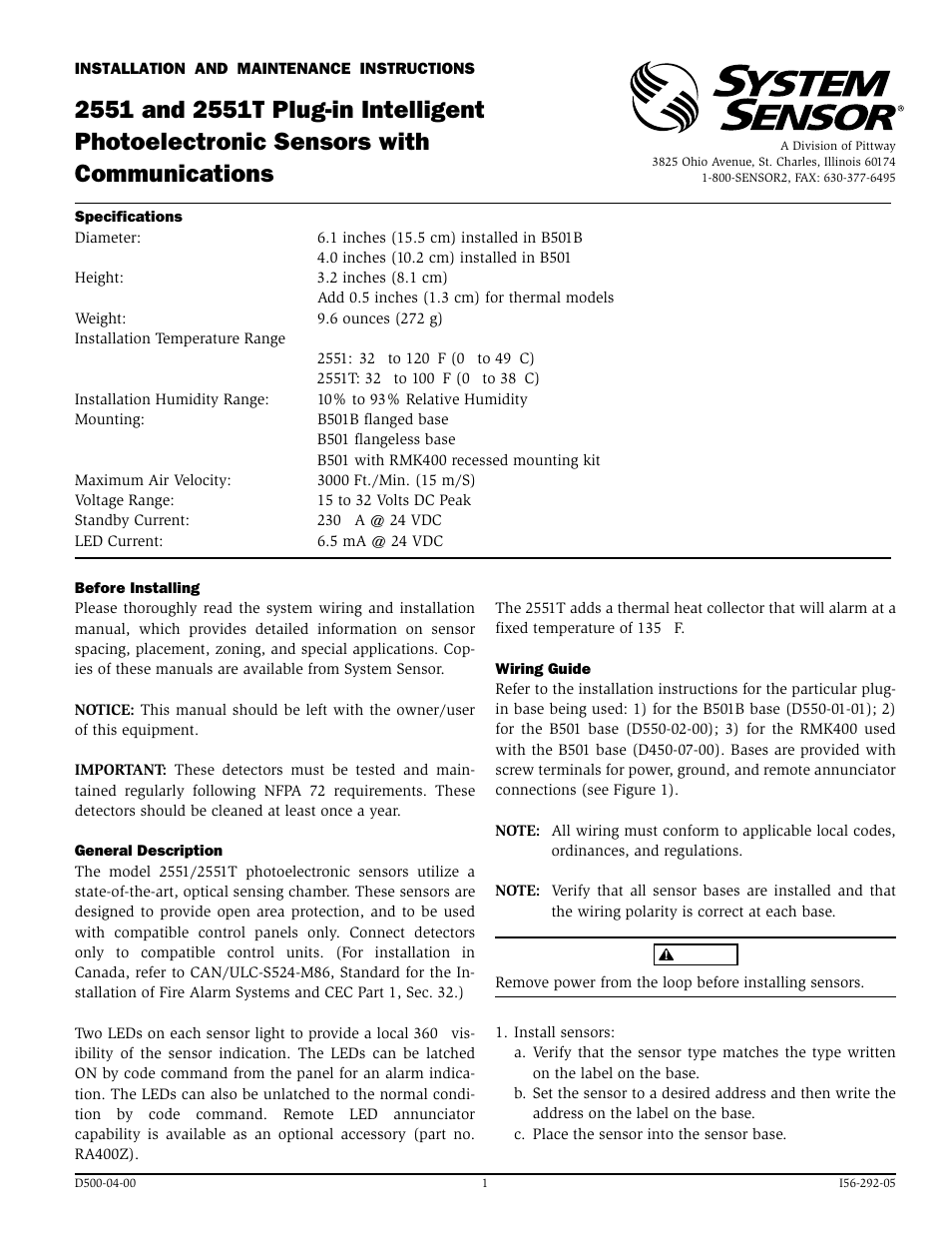 System Sensor 2551 and 2551T Plug-in Intelligent User Manual | 4 pages