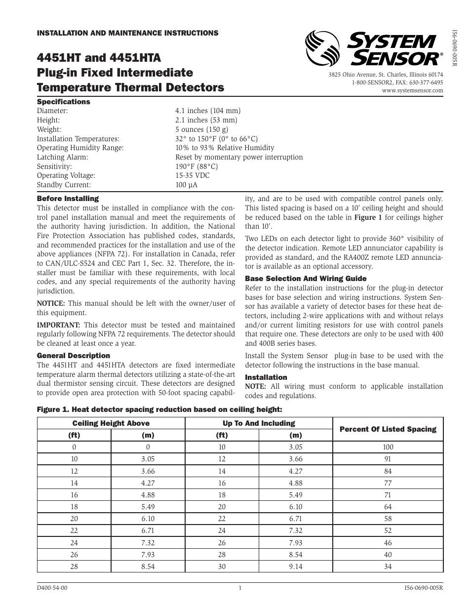 System Sensor 4451HT Plug-in Fixed User Manual | 2 pages
