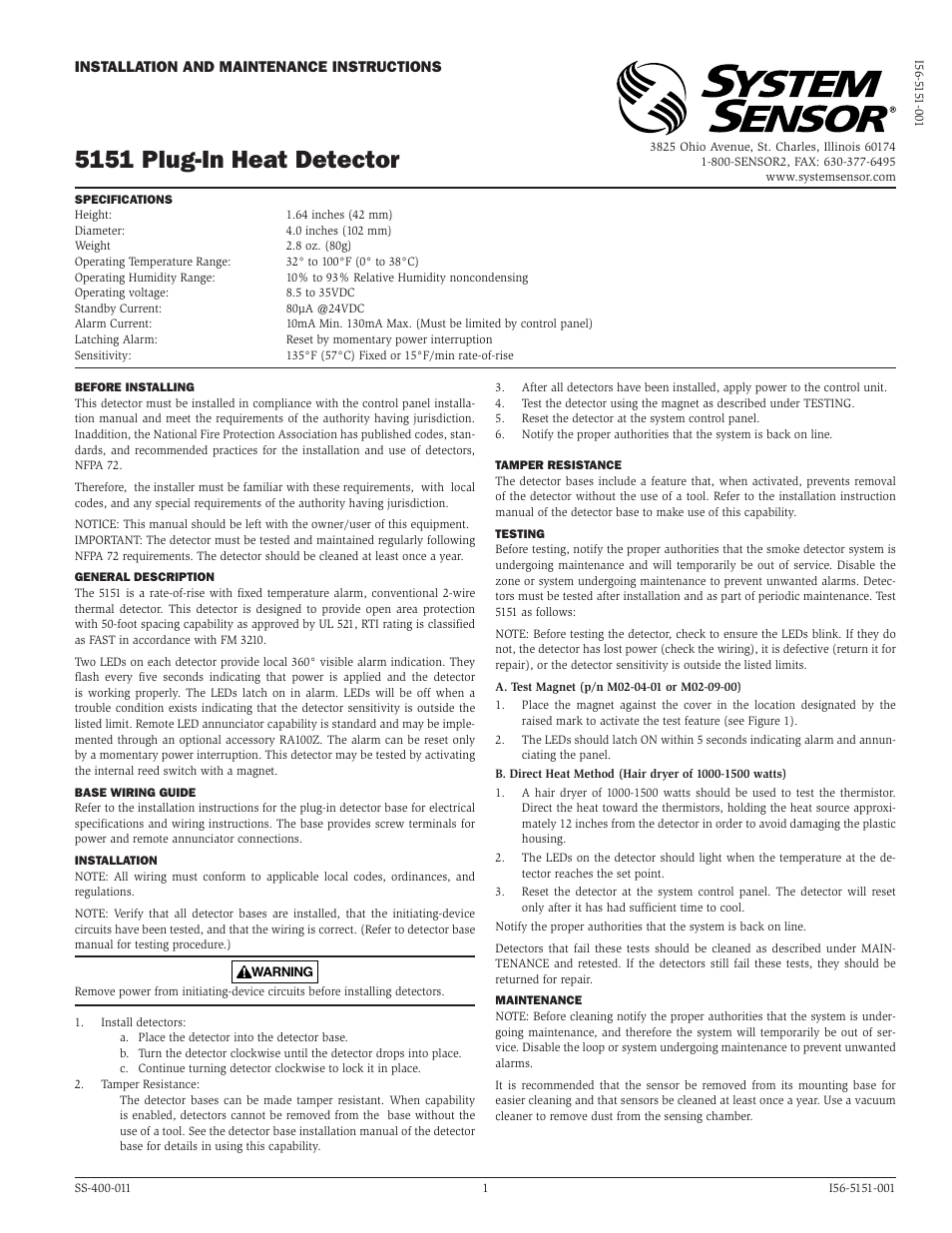 System Sensor 5151 Plug-In Heat User Manual | 2 pages