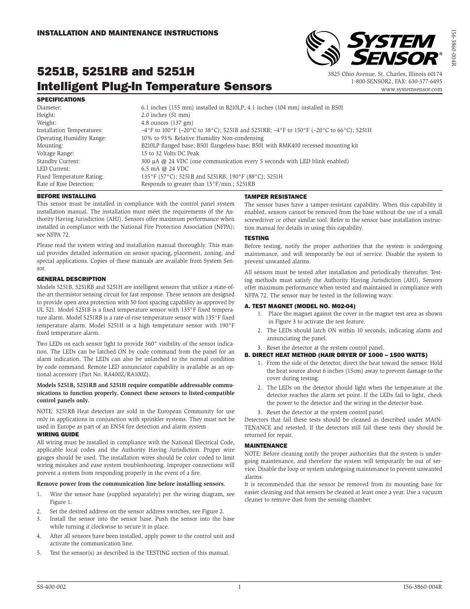 System Sensor 5251B, 5251H, and 5251RB Intelligent Plug-In User Manual | 2 pages