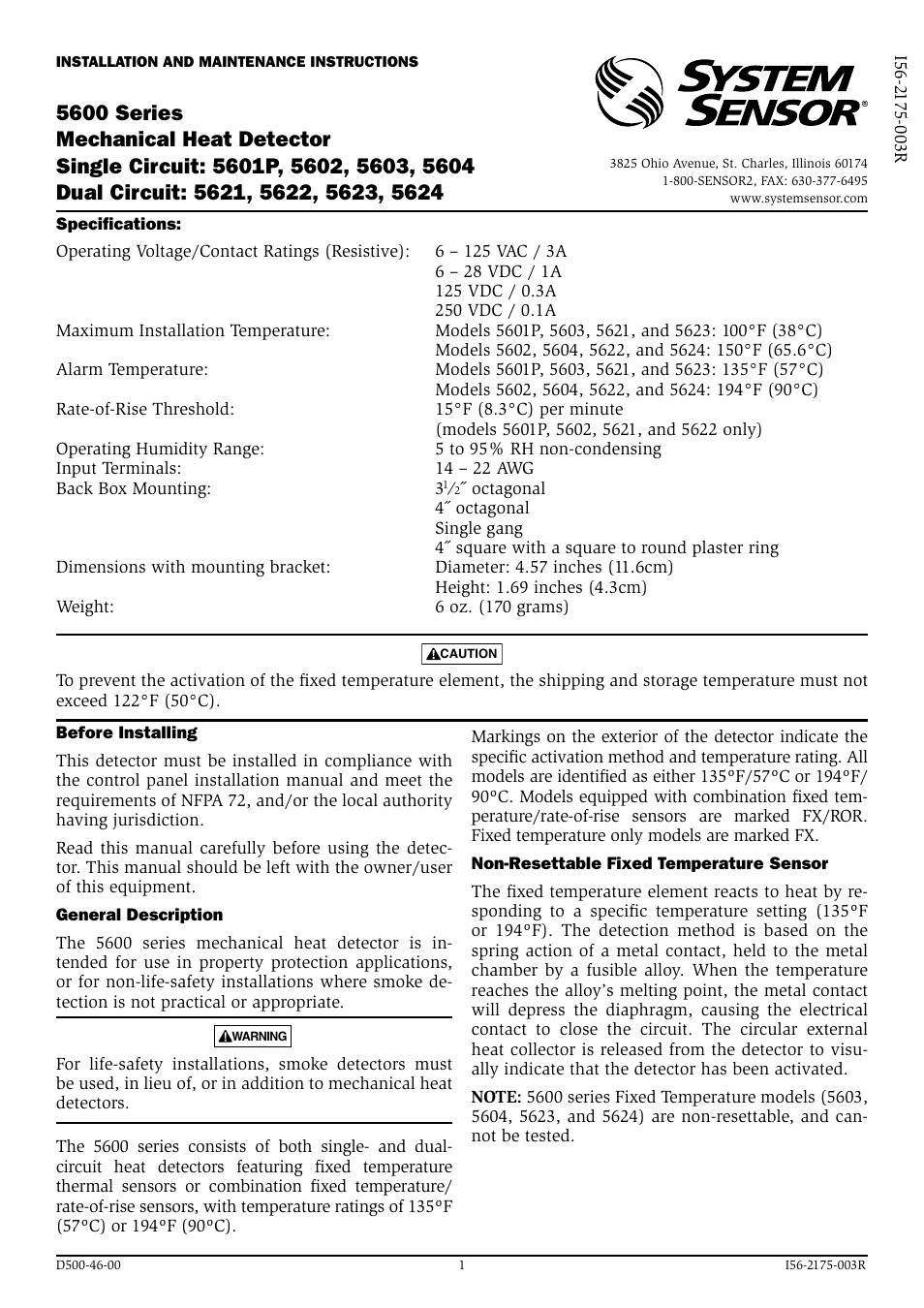 System Sensor 5600 Series Heat Detectors User Manual | 4 pages