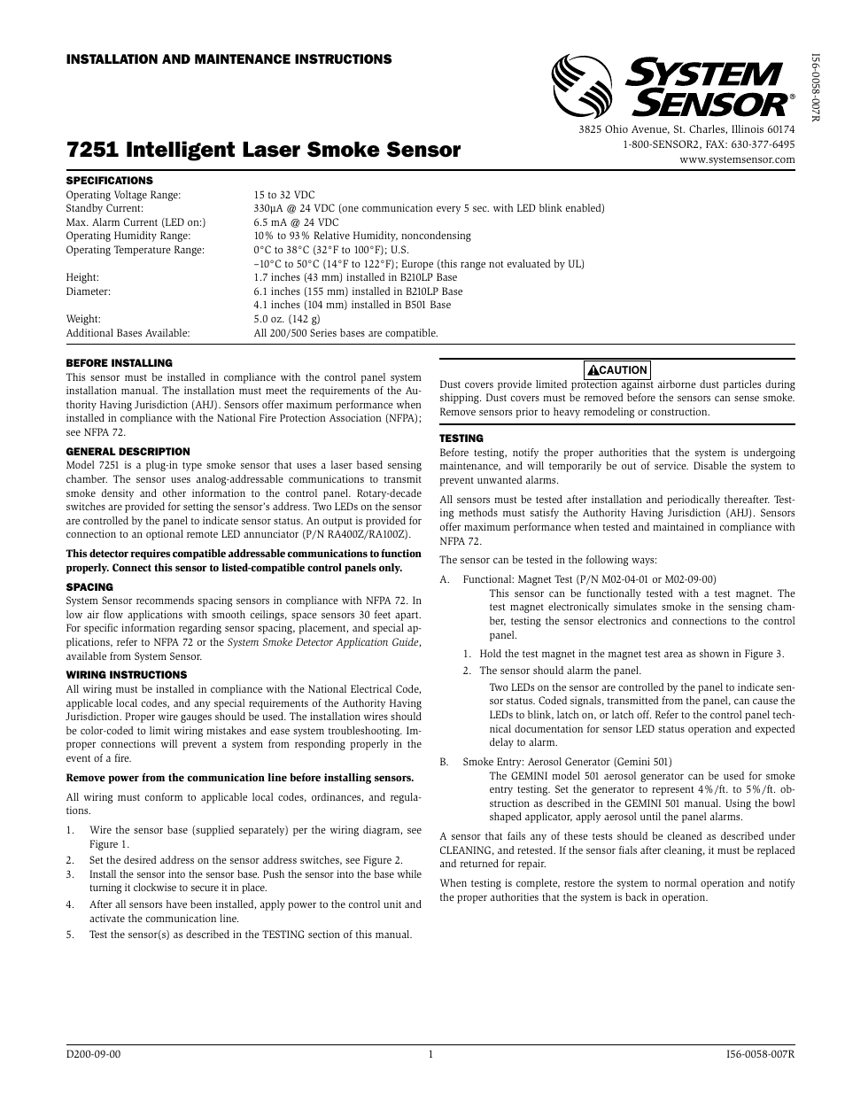 System Sensor 7251 intelligent Laser User Manual | 4 pages