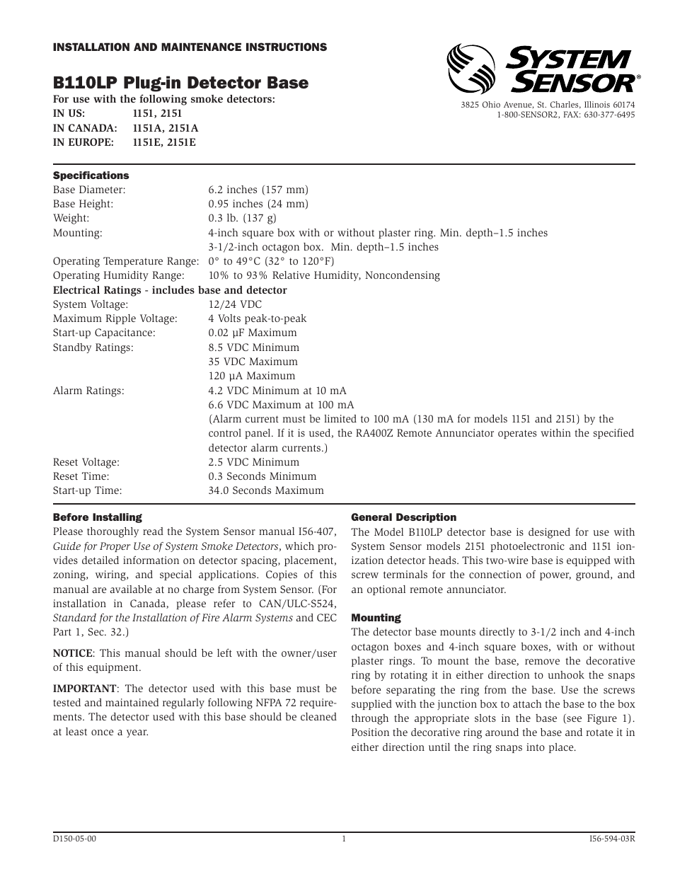 System Sensor B110LP User Manual | 4 pages