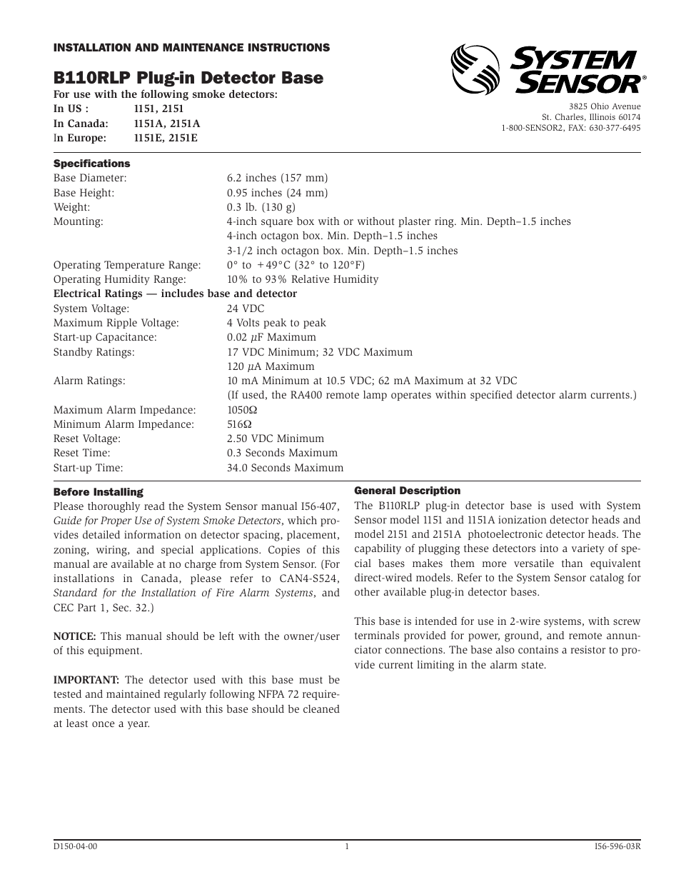 System Sensor B110RLP User Manual | 4 pages