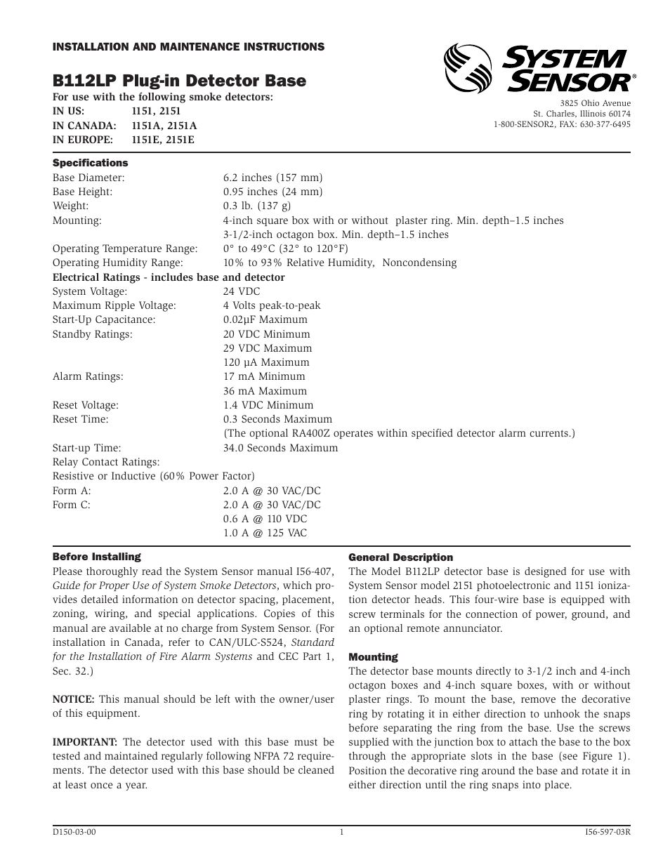 System Sensor B112LP User Manual | 4 pages