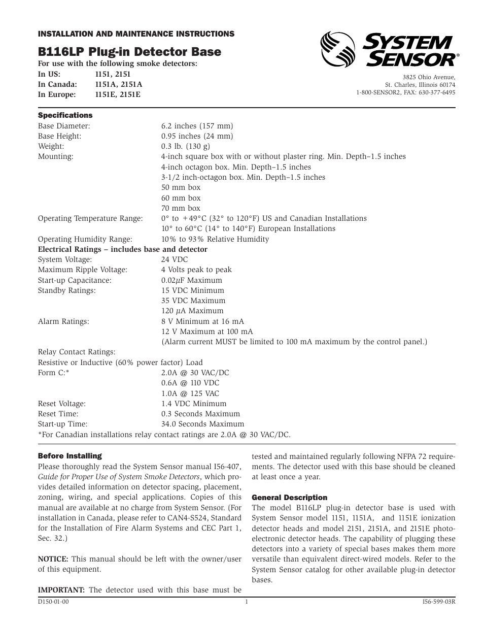 System Sensor B116LP User Manual | 4 pages