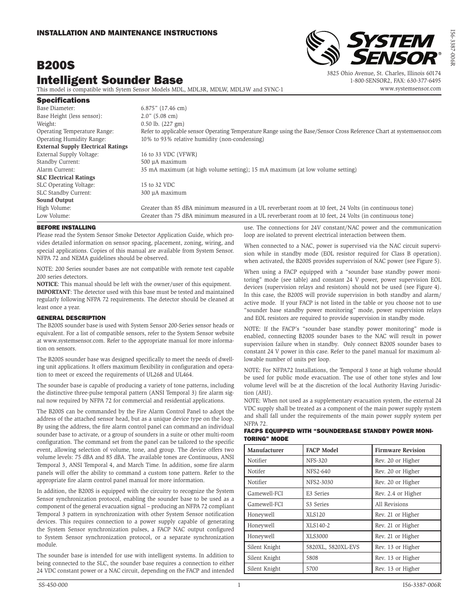 System Sensor B200S User Manual | 4 pages