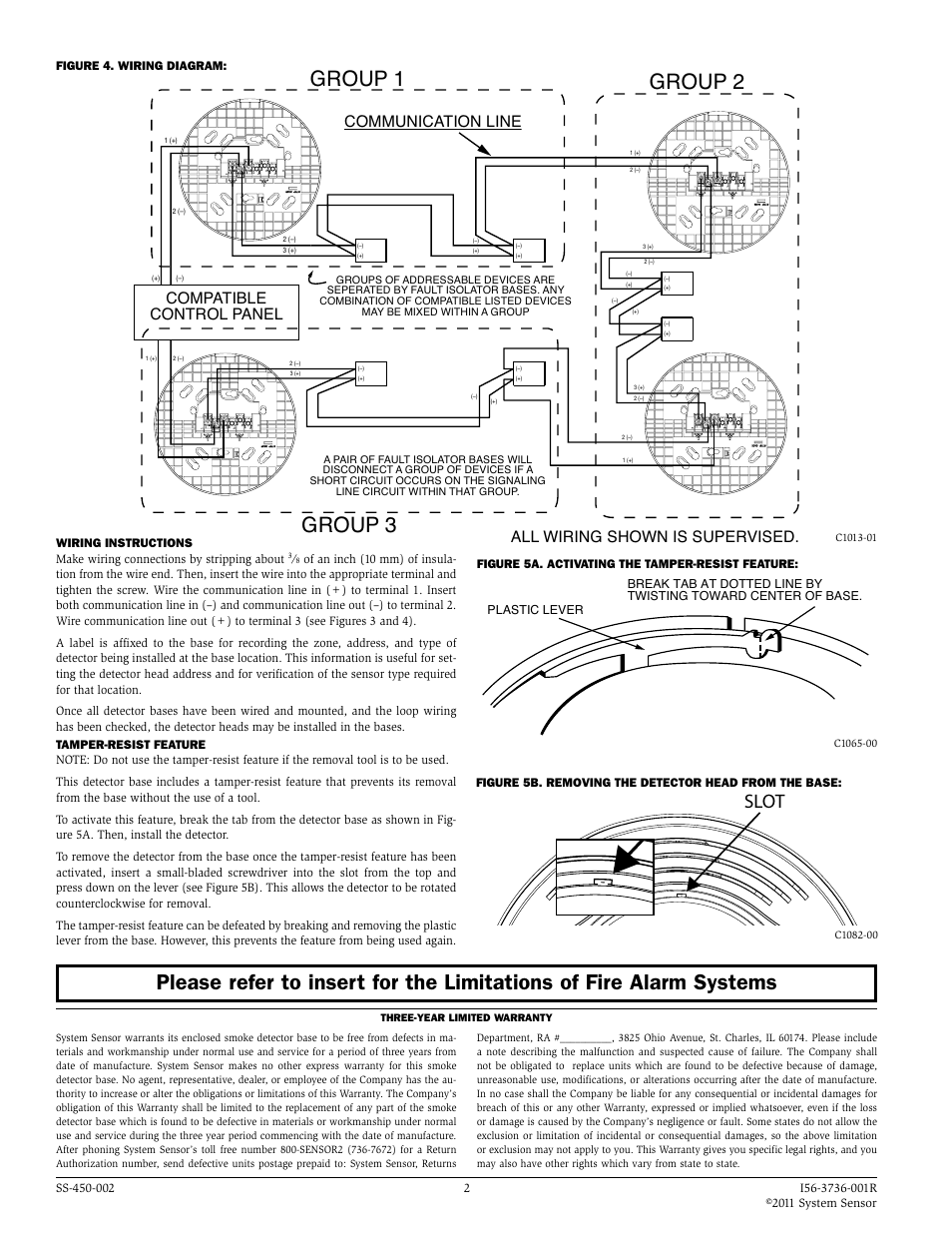 Group 1 group 2 group 3, Slot, Communication line all wiring shown is supervised | Compatible control panel | System Sensor B224BI User Manual | Page 2 / 2
