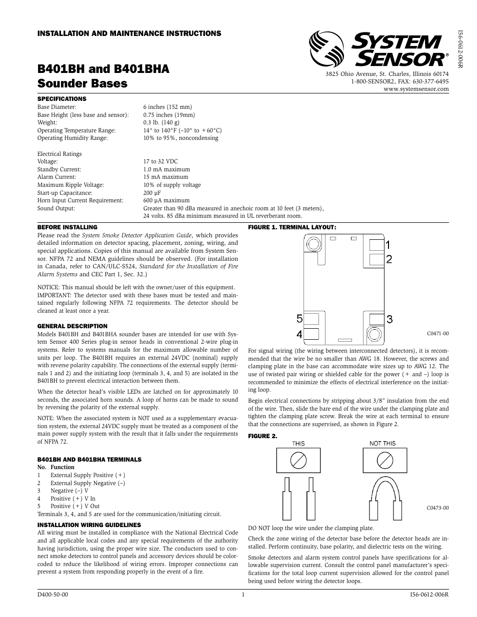 System Sensor B401BH User Manual | 2 pages