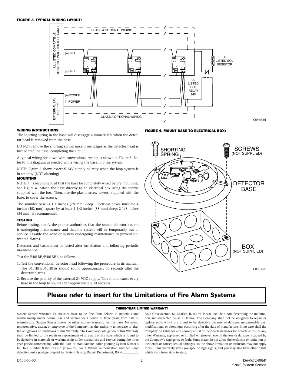 Screws, Detector base box, Shorting spring | System Sensor B401BH User Manual | Page 2 / 2